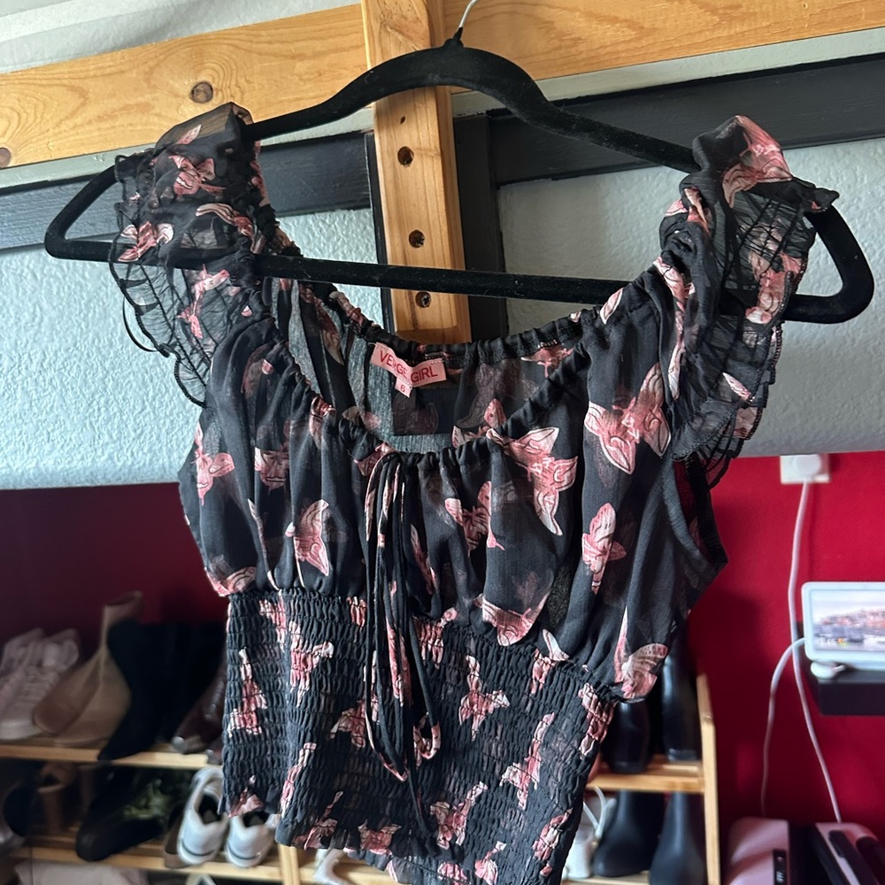 Verge Girl Black and Pink Butterfly Blouse